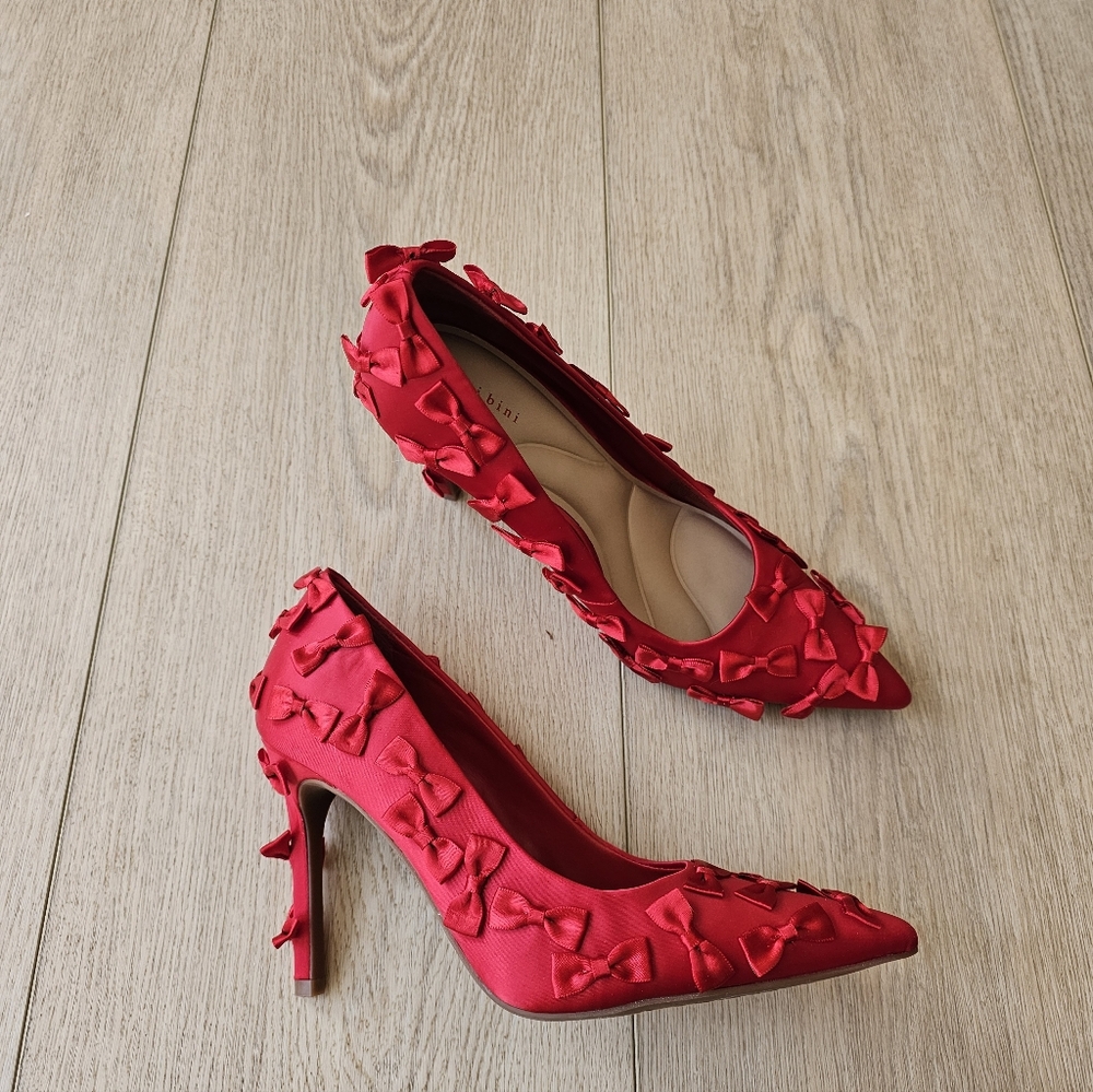 Gianni Bini Red Serena Satin Mini Bows Pointed Toe Pumps